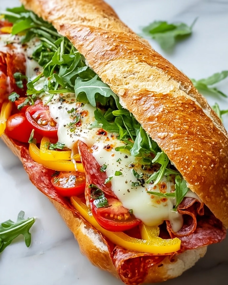 A close-up of a sandwich on a white marbled surface shows a long crusty sandwich bun split open to reveal multiple layers: the bottom layer includes orange bell pepper strips, topped with melted white cheese slices sprinkled with black pepper, thin red slices of pepperoni, and fresh green arugula leaves scattered across. Small bright red cherry tomatoes are tucked among the layers adding vibrant color and texture. The sandwich is slightly tilted to display the ingredients clearly. Photo taken with an iphone --ar 4:5 --v 7