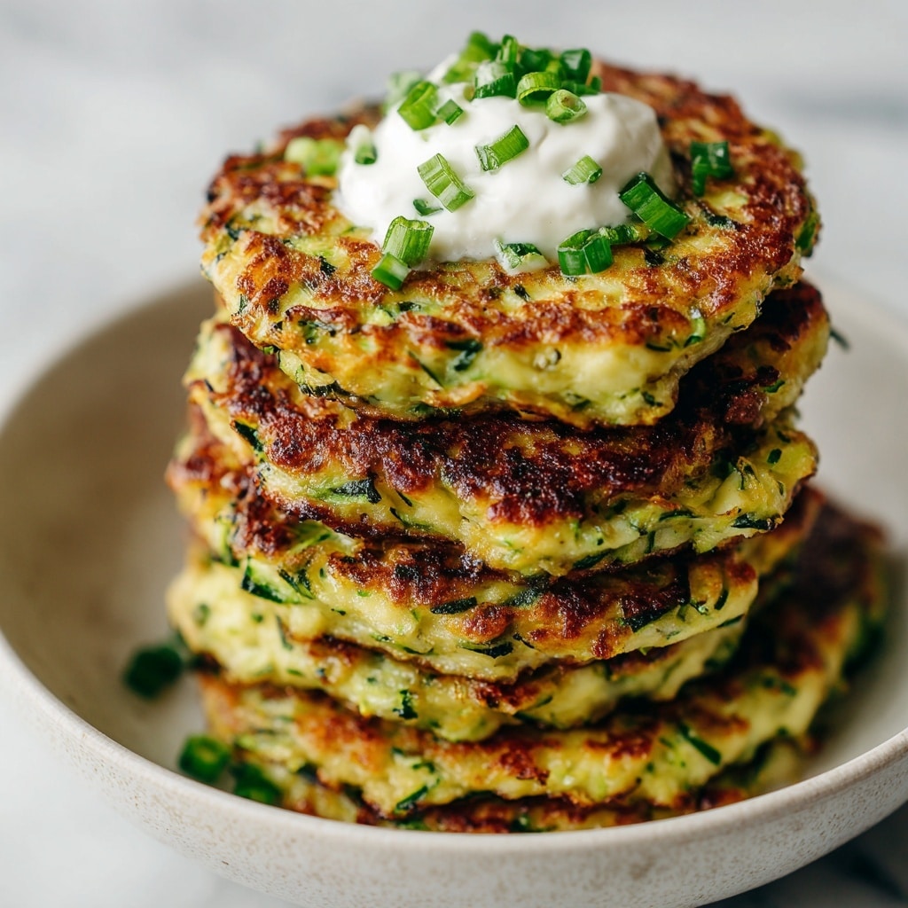 A stack of six golden brown zucchini fritters with green bits of zucchini and herbs visible in the batter sits on a white bowl. Each fritter has a crispy, slightly uneven texture on the edges and softer texture in the middle. On top of the stack is a dollop of white sour cream sprinkled with small green chopped scallions. The bowl is on a surface with a white marbled texture. Photo taken with an iphone --ar 4:5 --v 7