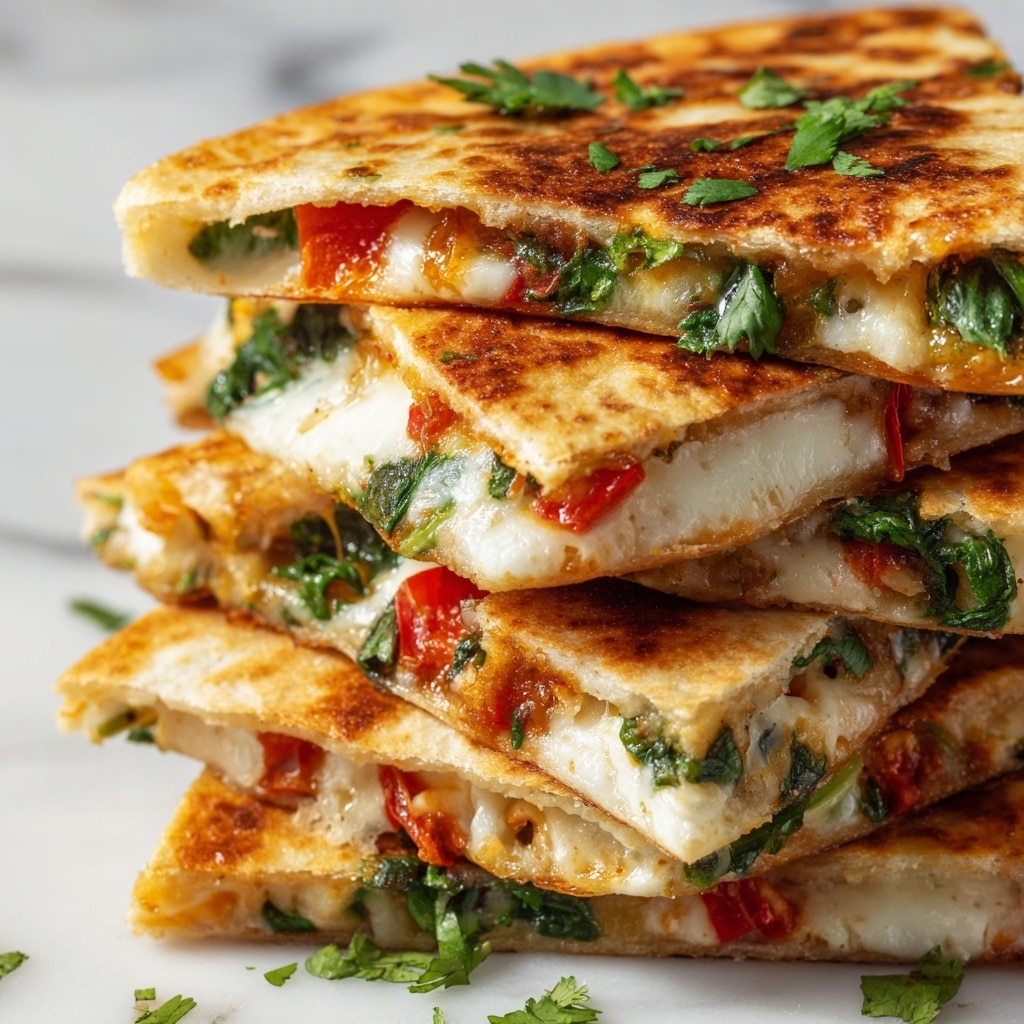 The image shows three golden-brown quesadilla slices stacked on a white plate, each slice with a slightly crispy and charred texture. The quesadilla layers reveal a white, creamy cheese filling mixed with bright green spinach leaves and small red pieces of tomato. On top, there are small chopped bits of red onion and scattered green herbs adding a fresh touch. The background is a white marbled surface, enhancing the warm colors of the quesadilla. Photo taken with an iphone --ar 4:5 --v 7