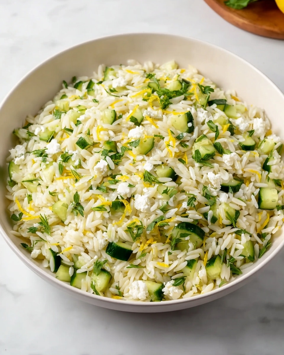A large white bowl filled with a fresh rice salad consisting of finely separated long white grains of rice mixed with small green cucumber slices cut into half-moon shapes, small white crumbled cheese bits scattered evenly throughout, and finely chopped fresh green herbs dispersed all over. Thin yellow lemon zest strips are spread lightly across the top, adding brightness to the dish. The bowl sits on a white marbled surface with soft natural light highlighting the colors and textures. Photo taken with an iphone --ar 4:5 --v 7