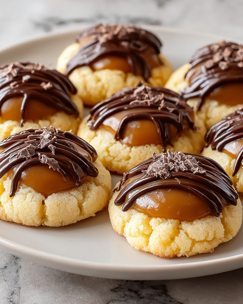 The image shows a close-up of seven small, round cookies placed on a white plate, sitting on a white marbled surface. Each cookie has one clear layer of crumbly, light beige dough forming the base. On top of this dough is a smooth, shiny caramel layer filled in the center of each cookie, giving a rich amber color. Above the caramel, there is a layer of dark glossy chocolate drizzled unevenly in stripes, adding a contrasting texture and deep brown color. The chocolate drizzle is sprinkled lightly with small bits of dark chocolate or flakes, adding extra texture and detail to the top. Photo taken with an iphone --ar 4:5 --v 7