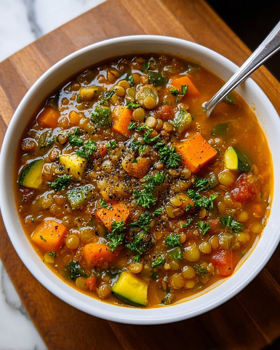 A white bowl filled with thick vegetable lentil soup sits on a wooden board over a white marbled surface. The soup has a rich brown broth base, packed with visible soft orange carrot cubes, green zucchini pieces, brown lentils, and green kale leaves. Bright green chopped parsley is sprinkled on top, adding freshness, and the soup’s texture looks hearty and chunky. A silver spoon rests inside the bowl, ready for eating. photo taken with an iphone --ar 4:5 --v 7
