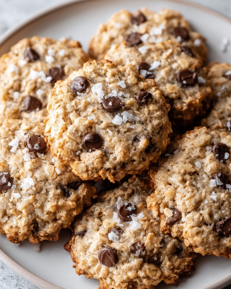 A close-up of several oatmeal chocolate chip cookies arranged on a white plate, each cookie showing a rough, textured surface with golden-brown edges and embedded dark chocolate chips scattered unevenly throughout; the cookies are topped with small flakes of white sea salt, contrasting with the warm brown and beige tones of the oats; the background is a white marbled texture, giving a clean and bright look to the image. photo taken with an iphone --ar 4:5 --v 7