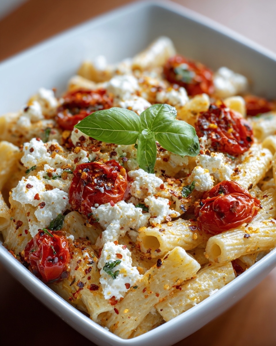 The dish is served in a white deep bowl filled with about three layers of pasta. The bottom layer is light golden rigatoni pasta, looking soft and firm. The middle layer has scattered chunks of white ricotta cheese with a crumbly texture. The top layer includes roasted cherry tomatoes that are deep red with slight charring, sprinkled with red pepper flakes and small green herb bits. There is a fresh green basil leaf placed in the center on top, adding a vibrant touch. The bowl is placed on a white marbled surface. photo taken with an iphone --ar 4:5 --v 7