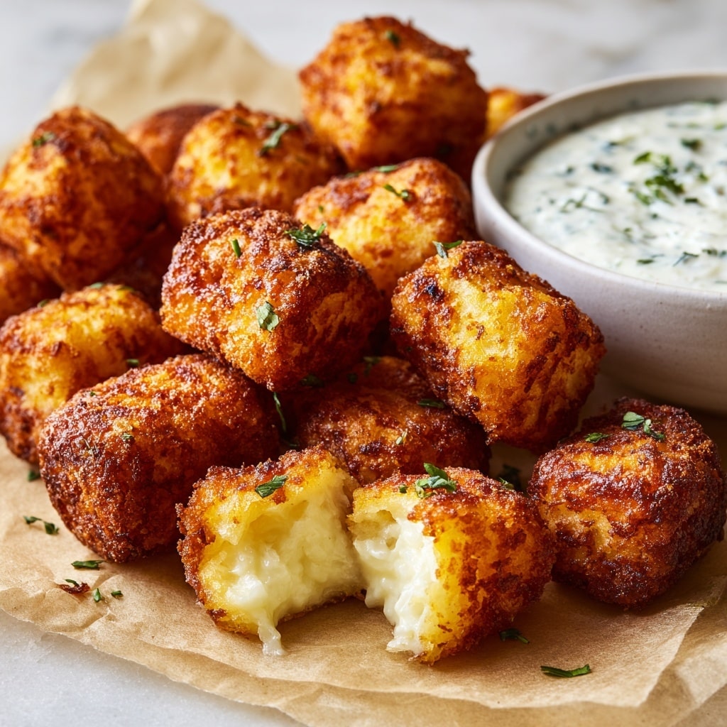 A group of small, round, golden-brown cottage cheese tots with a crispy texture are arranged closely together on a sheet of parchment paper placed over a white marbled surface. One tot in the front is broken open, showing a soft, creamy, pale yellow inside. In the background to the right, there is a white bowl filled with a creamy white dipping sauce speckled with small green herbs. The image text is placed at the bottom with a clear and simple font but does not cover the tots. photo taken with an iphone --ar 4:5 --v 7