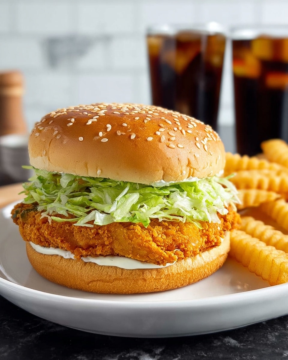 A close-up of a crispy fish sandwich on a white plate with French fries on the side, placed on a white marbled surface. The sandwich has four layers: a soft, golden-brown sesame seed bun on top, a layer of white mayonnaise, a layer of shredded light green lettuce, a thick, breaded and fried golden-brown fish patty, another layer of white mayonnaise, and a soft, light golden bottom bun. In the background, there are two tall glasses filled with dark soda and ice, and a blurred kitchen setting with white tiles. photo taken with an iphone --ar 4:5 --v 7