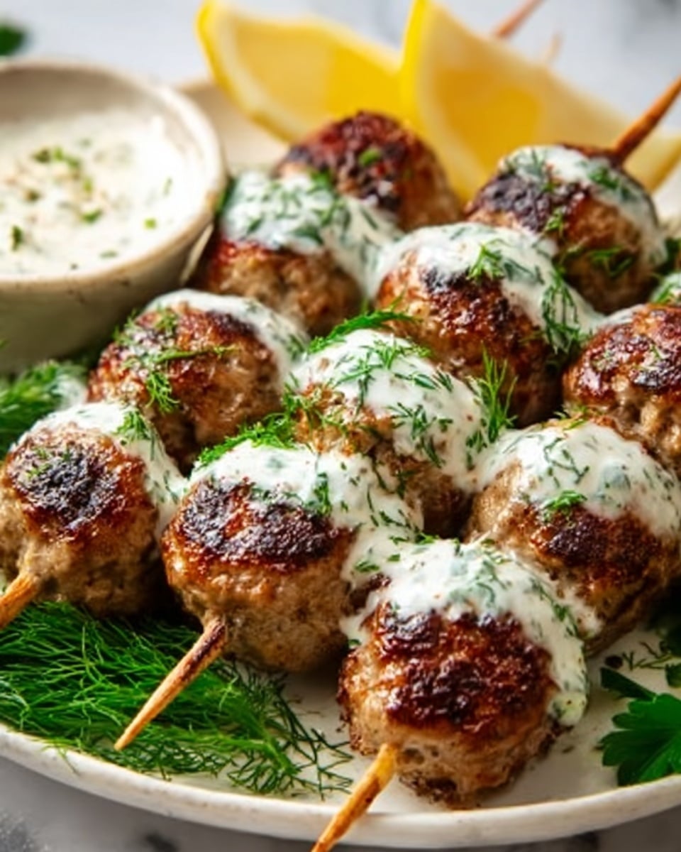Four skewers of grilled meatballs are arranged diagonally on a white plate. The meatballs are golden brown with charred spots showing they are well cooked. A creamy white sauce with green herbs is drizzled over the top of the meatballs. There are scattered fresh dill leaves on the sauce and a wedge of lemon at the top left corner of the plate. At the edge of the plate, a dollop of similar creamy sauce is garnished with a fresh green parsley leaf. The background surface is a white marbled texture. Photo taken with an iphone --ar 4:5 --v 7