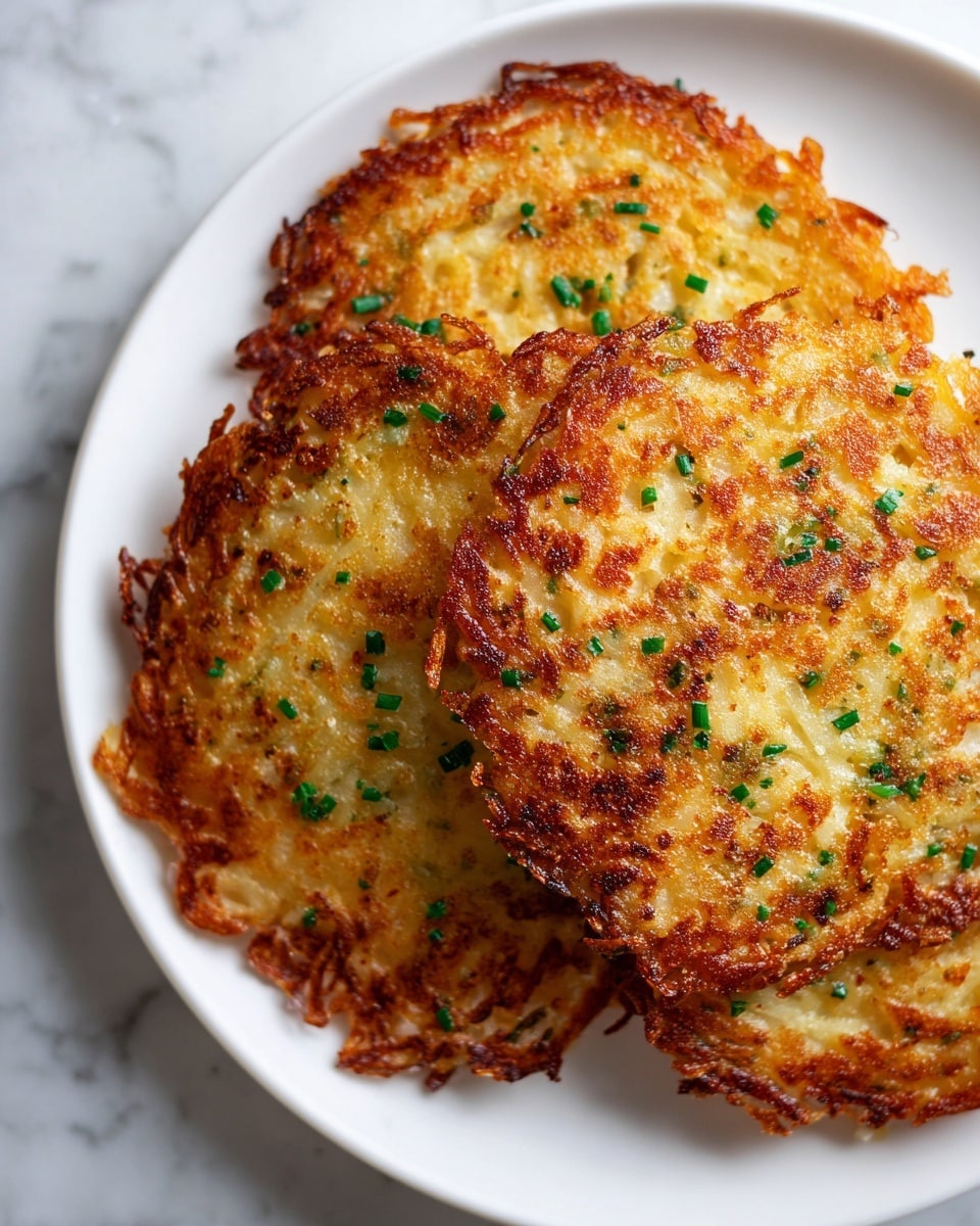A close-up view of three crispy, golden-brown potato pancakes stacked slightly over each other on a plain white plate. Each pancake is thin and round, featuring a crunchy textured surface with small bits of grated potato visible. The pancakes are dotted with small green chive pieces that add a fresh pop of color throughout. The edges are perfectly browned and slightly crinkled, showing the crispiness. The whole plate sits on a white marbled texture surface. photo taken with an iphone --ar 4:5 --v 7