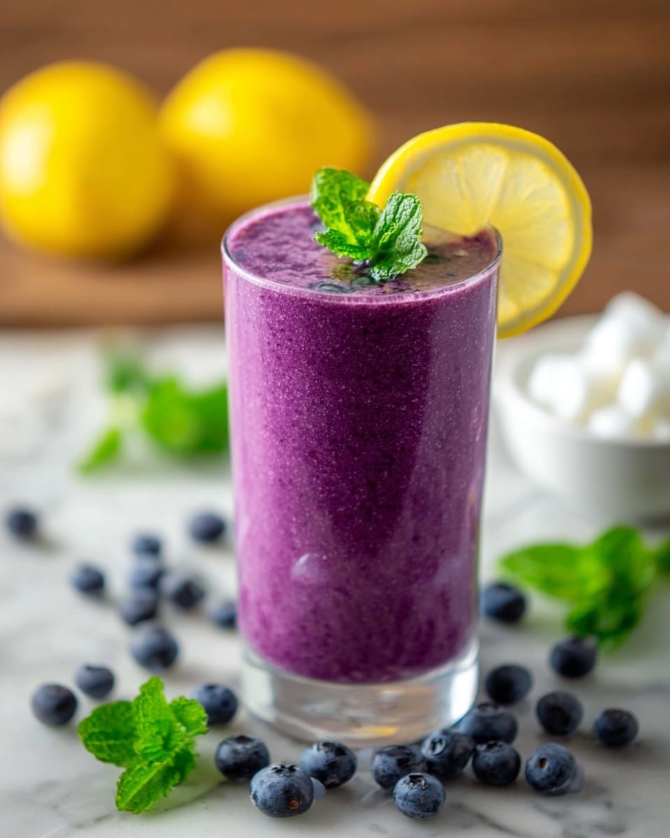 A tall clear glass filled with a thick, bright purple smoothie with small darker specks throughout, topped with a thin round slice of lemon and a small sprig of green mint leaves. The glass is placed on a white marbled surface scattered with fresh blueberries and green mint leaves. In the blurred background, a whole yellow lemon and a white bowl filled with white round pieces are visible, creating a fresh and colorful setting. photo taken with an iphone --ar 4:5 --v 7