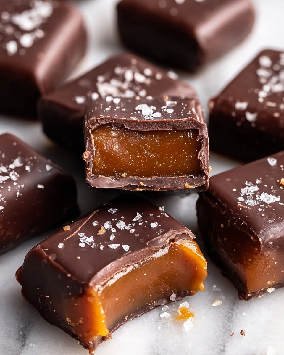 The image shows several small square chocolates covered in a dark chocolate layer with a smooth, shiny, and slightly uneven texture. Each piece has two visible layers: a thick, glossy dark brown outer chocolate coating and a rich, soft caramel-colored center. Some chocolates are whole, while others are cut to reveal the smooth inside. The tops of the chocolates are lightly sprinkled with coarse white salt crystals, adding texture and contrast. They are placed close together on a white marbled surface with small caramel crumbs scattered around. photo taken with an iphone --ar 4:5 --v 7
