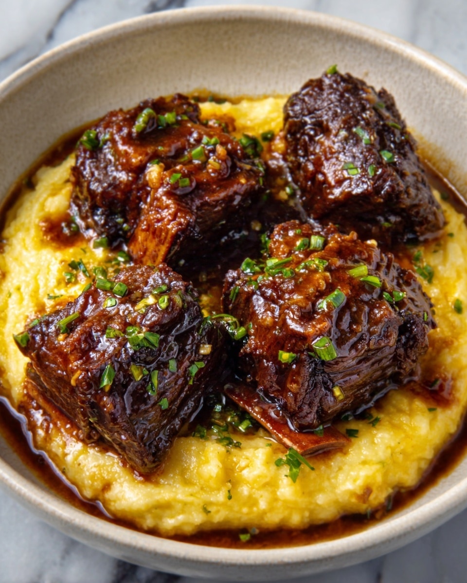 The image shows a round white bowl filled with a layer of creamy mashed potatoes that have a light yellow color and smooth texture. On top, there are five large pieces of dark brown, glossy, slow-cooked beef short ribs arranged closely together, each piece showing a rich caramelized surface and tender texture. Small green herb leaves are sprinkled lightly over the ribs, adding a touch of fresh color. The bowl sits on a white marbled surface. Photo taken with an iphone --ar 4:5 --v 7