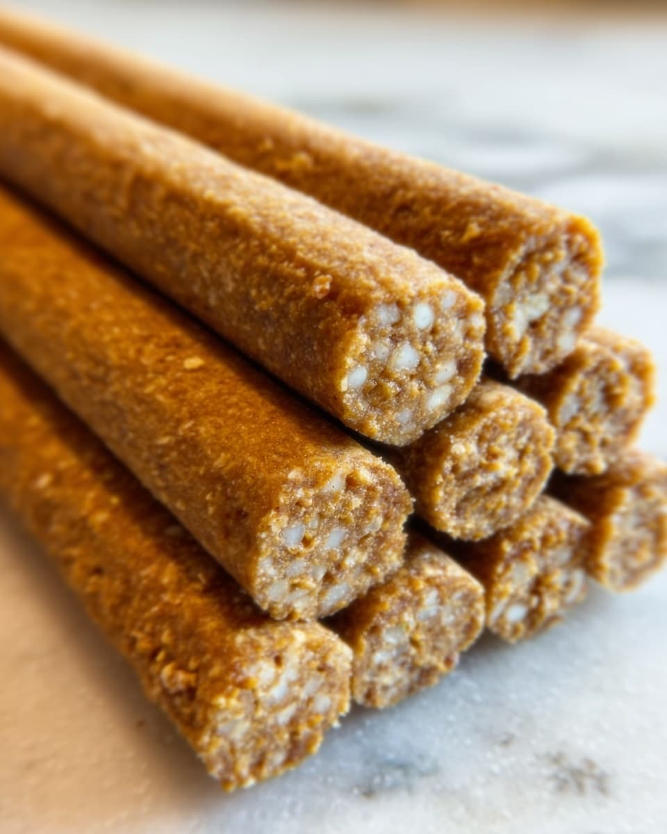 The image shows a close-up of several stacked light brown pretzel sticks arranged in parallel. The pretzel sticks have a rough texture with visible salt grains sprinkled unevenly on their surface. They rest on a white marbled texture, with natural light reflecting softly from the left side. The focus is sharp on the front ends of the sticks, and the background blurs slightly. photo taken with an iphone --ar 4:5 --v 7