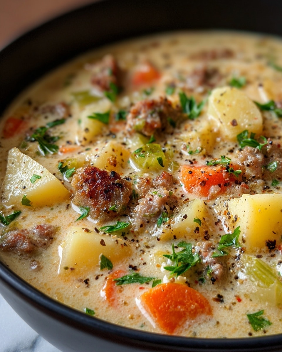 A close-up view of a creamy soup filled with several chunky layers and ingredients: large yellow potato pieces, bright orange carrot slices, small round browned sausage slices, and bits of green celery all mixed in a beige cream broth. The soup is sprinkled with small green parsley leaves and cracked black pepper scattered on top. The dish is shown in a black bowl set on a white marbled textured surface. photo taken with an iphone --ar 4:5 --v 7