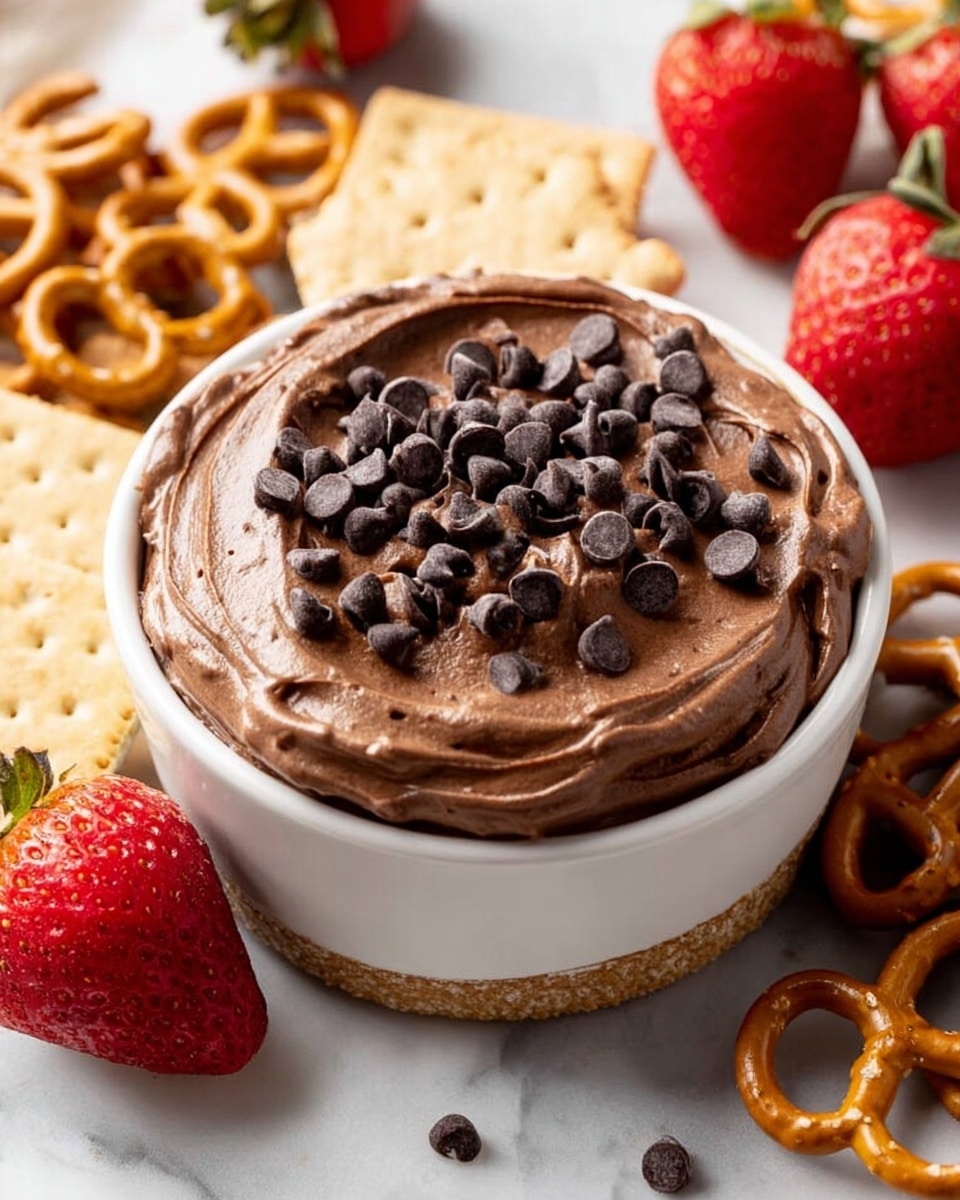 A white bowl filled with a thick, smooth layer of dark brown chocolate mousse, swirled on top with a glossy texture and small chocolate chips scattered over the surface. Surrounding the bowl on a white marbled texture are bright red whole and halved strawberries on the right, golden brown mini pretzels on the left, and light brown graham crackers positioned near the bottom corners, all adding color and contrast to the scene. photo taken with an iphone --ar 4:5 --v 7