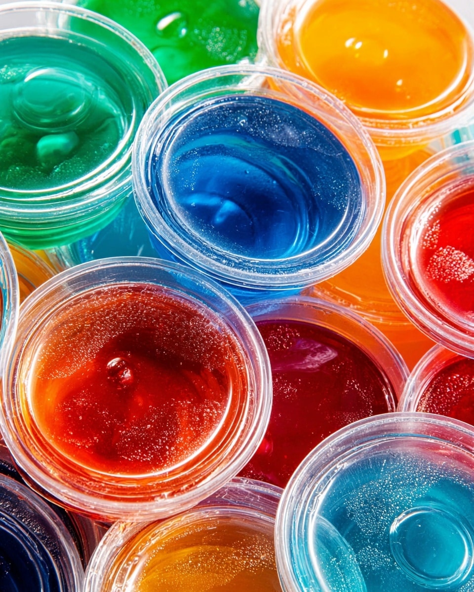 A close-up image shows many small clear plastic cups filled with colorful jelly stacked on top of each other. Each cup has one layer of jelly visible through the transparent lid in bright colors like blue, green, orange, and red. The jelly surfaces are smooth and shiny, with some showing tiny bubbles inside. The cups are arranged in a messy pile, with colors mixing and some cups tilted at different angles, creating a vibrant and playful look. The photo is taken on a white marbled texture. photo taken with an iphone --ar 4:5 --v 7