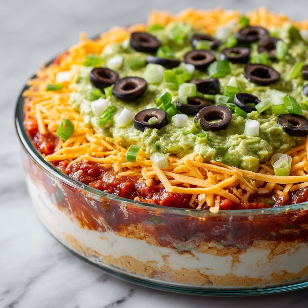 A close-up view of a 7-layer dip in a clear glass dish placed on a white marbled surface. The bottom layer is a creamy white base, topped with a chunky red salsa layer with visible pieces of tomato and beans. Above that is a layer of shredded orange cheddar cheese spread evenly around the edges. The next layer is pale green guacamole, smooth with a slightly chunky texture, spread thickly on top. Scattered over the guacamole are slices of black olives and chopped green onions, adding contrast with their dark and bright green colors. The layers look fresh and colorful, arranged neatly in the dish. Photo taken with an iphone --ar 4:5 --v 7