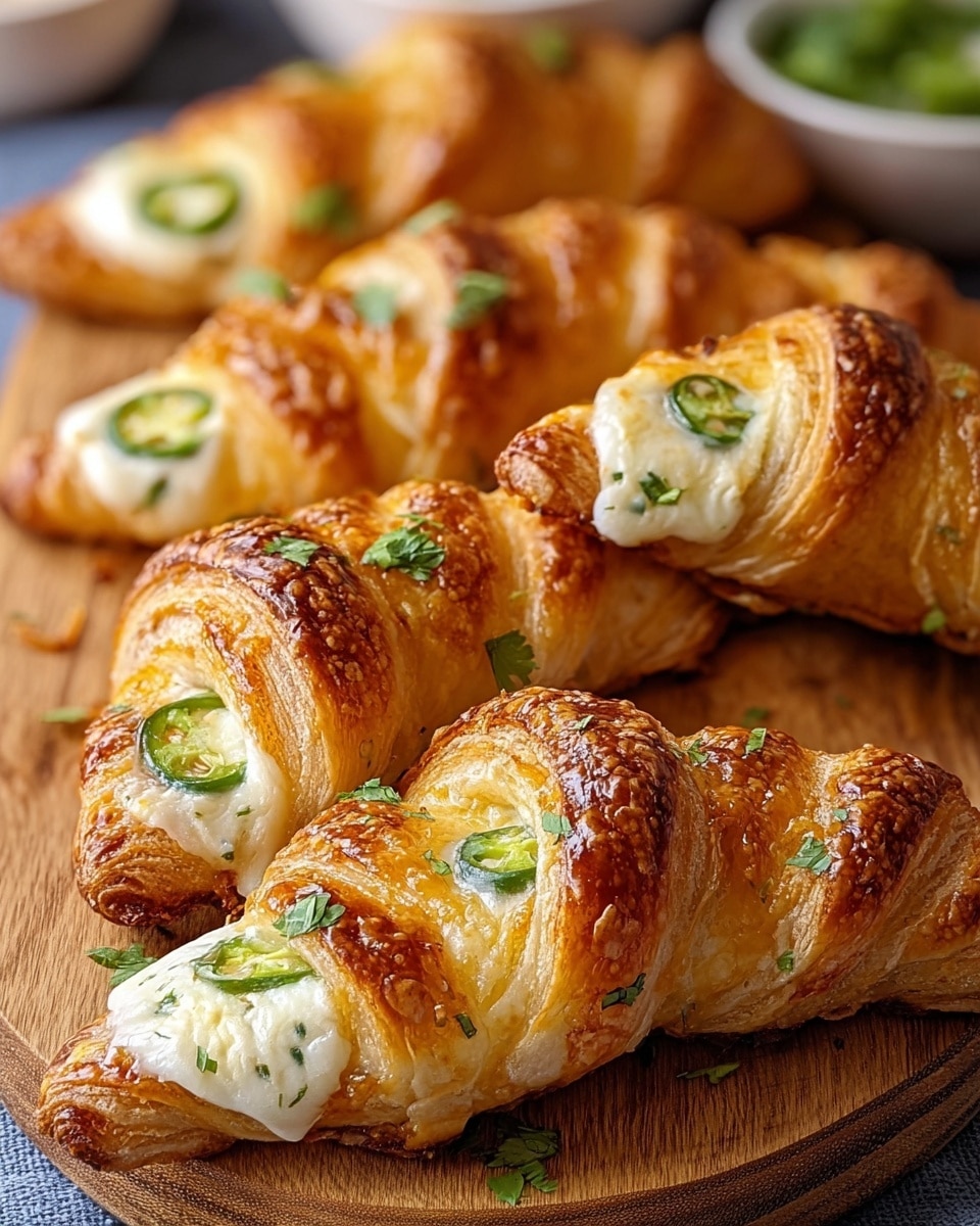A close-up of several golden-brown croissant twists with crispy, flaky layers that show a light, airy texture. Each croissant is split down the middle, filled with a creamy white cheese layer mixed with thin slices of green jalapeño peppers. On top, small bits of fresh green herbs are sprinkled for garnish. The croissants rest on a light wooden board which is placed on a white marbled surface with a soft blurred background. photo taken with an iphone --ar 4:5 --v 7