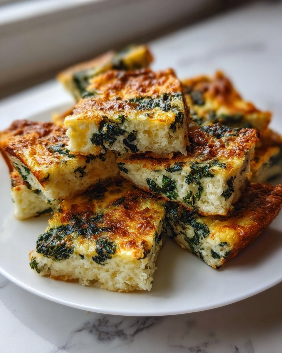 The image shows six square pieces of a baked dish arranged on a white plate. Each piece has a golden-brown crust on the edges and surface, with visible specks of dark green leafy vegetables mixed into a creamy, light yellow base, giving the dish a textured and slightly crispy look. The squares are layered with cooked spinach evenly spread throughout, making the dish look hearty and rich. The white plate sits on a white marbled surface. photo taken with an iphone --ar 4:5 --v 7