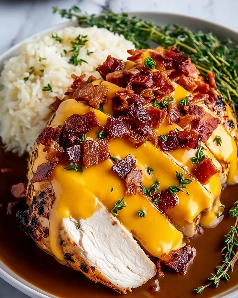 The image shows a white plate holding a thick piece of grilled chicken breast sliced at the front to reveal its white juicy inside; the chicken is topped with a layer of bright orange melted cheddar cheese, then scattered with small crispy pieces of dark red bacon, and drizzled with a glossy dark brown sauce. On one side of the chicken, there is a portion of white rice, and on the other, a small bunch of green herbs adds a fresh touch. The background is a white marbled surface. Photo taken with an iphone --ar 4:5 --v 7