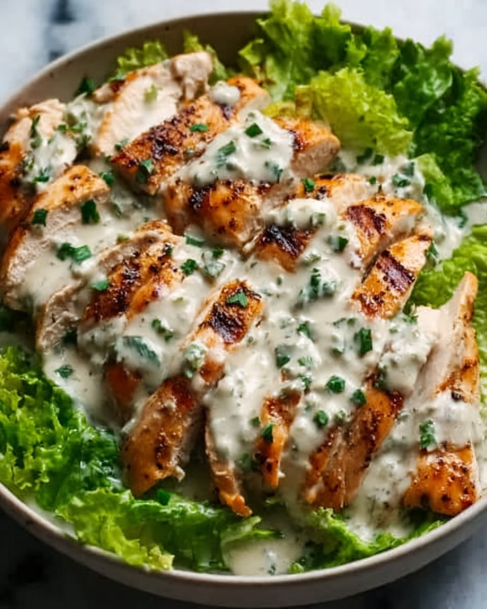 The image shows grilled chicken breast sliced into strips on a bed of fresh green lettuce leaves, all served on a white plate. The chicken has visible grill marks and is covered with a creamy white sauce that has small green herb pieces sprinkled on top. The chicken looks juicy and tender, with the sauce adding a smooth texture. The fresh green lettuce underneath adds a crisp contrast to the warm chicken. The background is a white marbled surface. Photo taken with an iphone --ar 4:5 --v 7