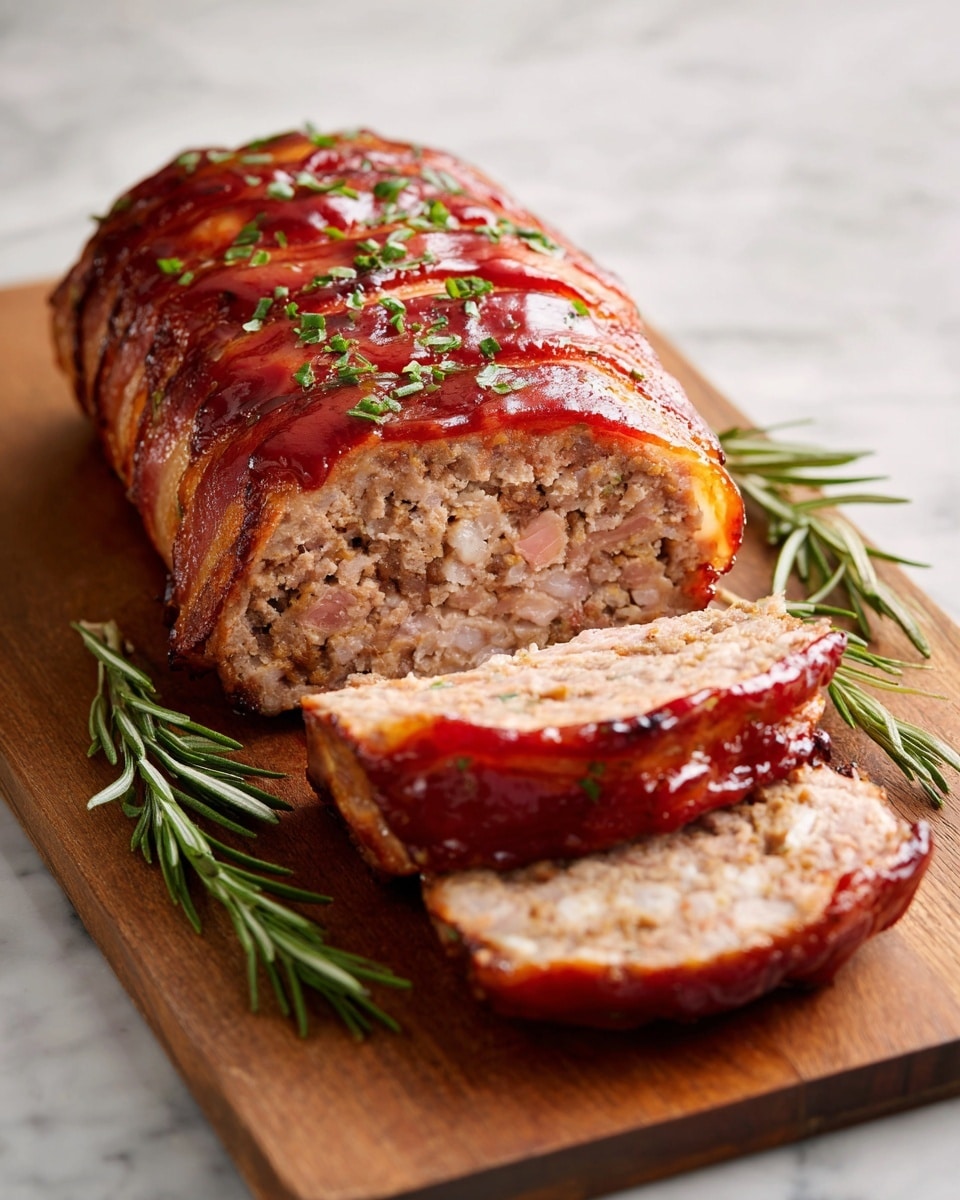 A meatloaf wrapped in a shiny, glazed layer of crispy bacon with a reddish-orange sauce on top, sprinkled with small green herb pieces. The meatloaf has three visible thick slices, showing a soft and chunky texture inside with small bits of onion or seasoning. The dish is set on a wooden cutting board with fresh green rosemary sprigs placed around it. The background is a white marbled texture. photo taken with an iphone --ar 4:5 --v 7