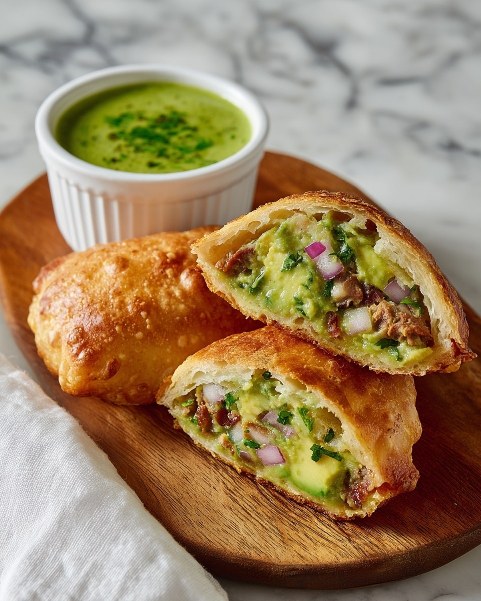 The image shows a close-up of two golden brown fried rolls cut in half, revealing a chunky filling inside with layers of bright green avocado pieces, small purple-red onion chunks, and bits of dark brown shredded meat, all mixed together in a creamy green sauce. The rolls have a crispy, textured outer layer, and they rest on white parchment paper placed on a round wooden board. In the background, there is a small white cup filled with a smooth green sauce, all set against a white marbled surface. Photo taken with an iphone --ar 4:5 --v 7
