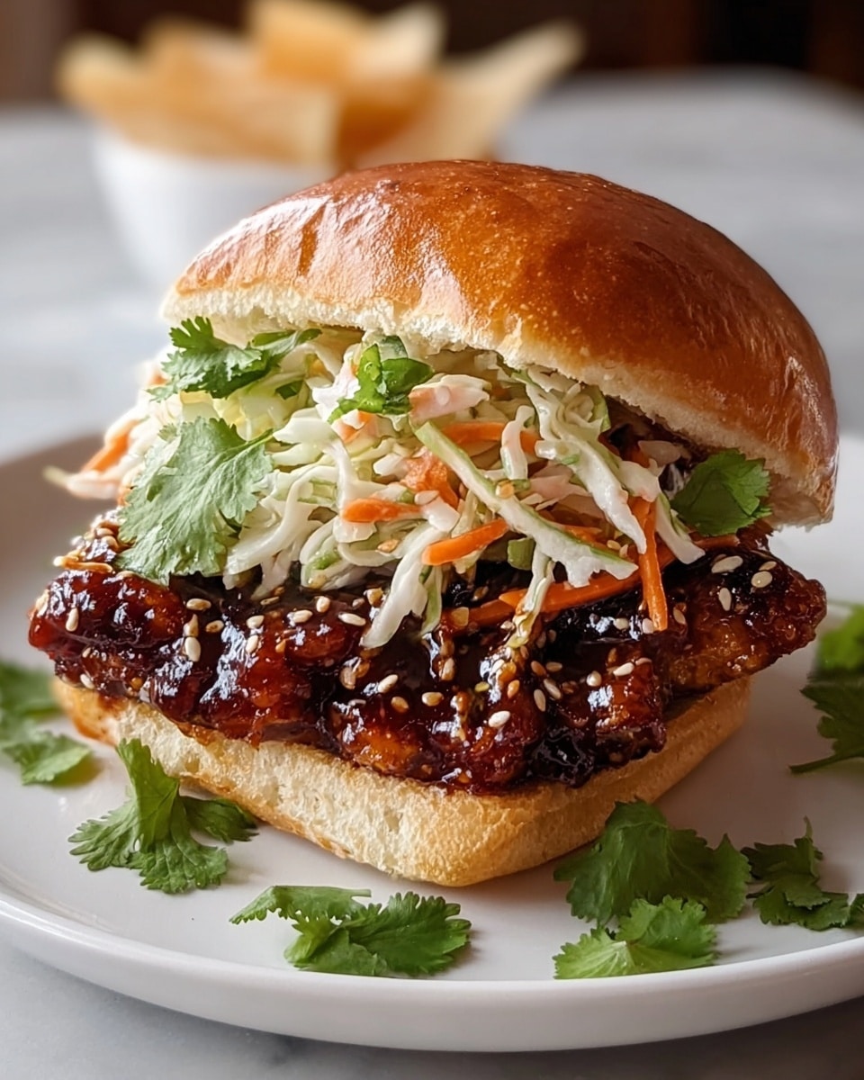 A sandwich placed on a white plate with a white marbled background, featuring three main layers inside a soft, golden brown, slightly shiny bun. The bottom layer shows a crispy fried chicken thigh coated with a dark, glossy sauce sprinkled with light-colored sesame seeds. Above the chicken is a fresh, vibrant slaw made of thinly shredded white cabbage and orange carrots mixed together, topped with bright green cilantro leaves scattered across. The sandwich is closely framed, showing the textures of the bun crust, crunchy chicken, and fresh vegetables clearly. Photo taken with an iphone --ar 4:5 --v 7