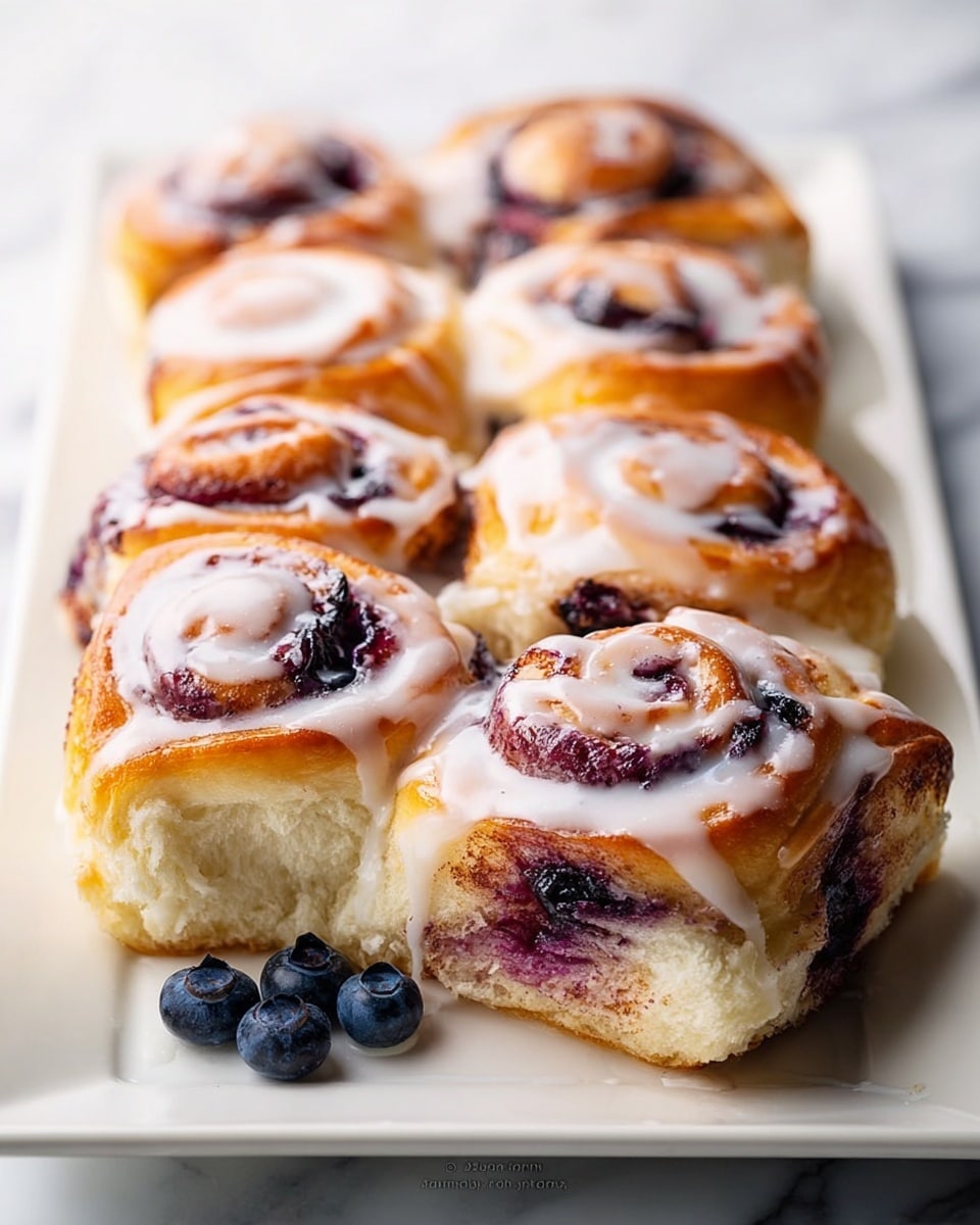 The image shows seven blueberry cinnamon rolls thickly layered with three main visible parts: the soft, golden-brown dough with a fluffy texture forming the base and spiral layers, the dark purple blueberry filling spread inside the swirls, and a shiny, white glaze drizzled over the top, creating a glossy effect. The rolls are placed closely together on a white rectangular plate, with a few fresh blueberries scattered at the bottom right corner. The background is a white marbled texture, giving a clean and bright look to the scene. photo taken with an iphone --ar 4:5 --v 7