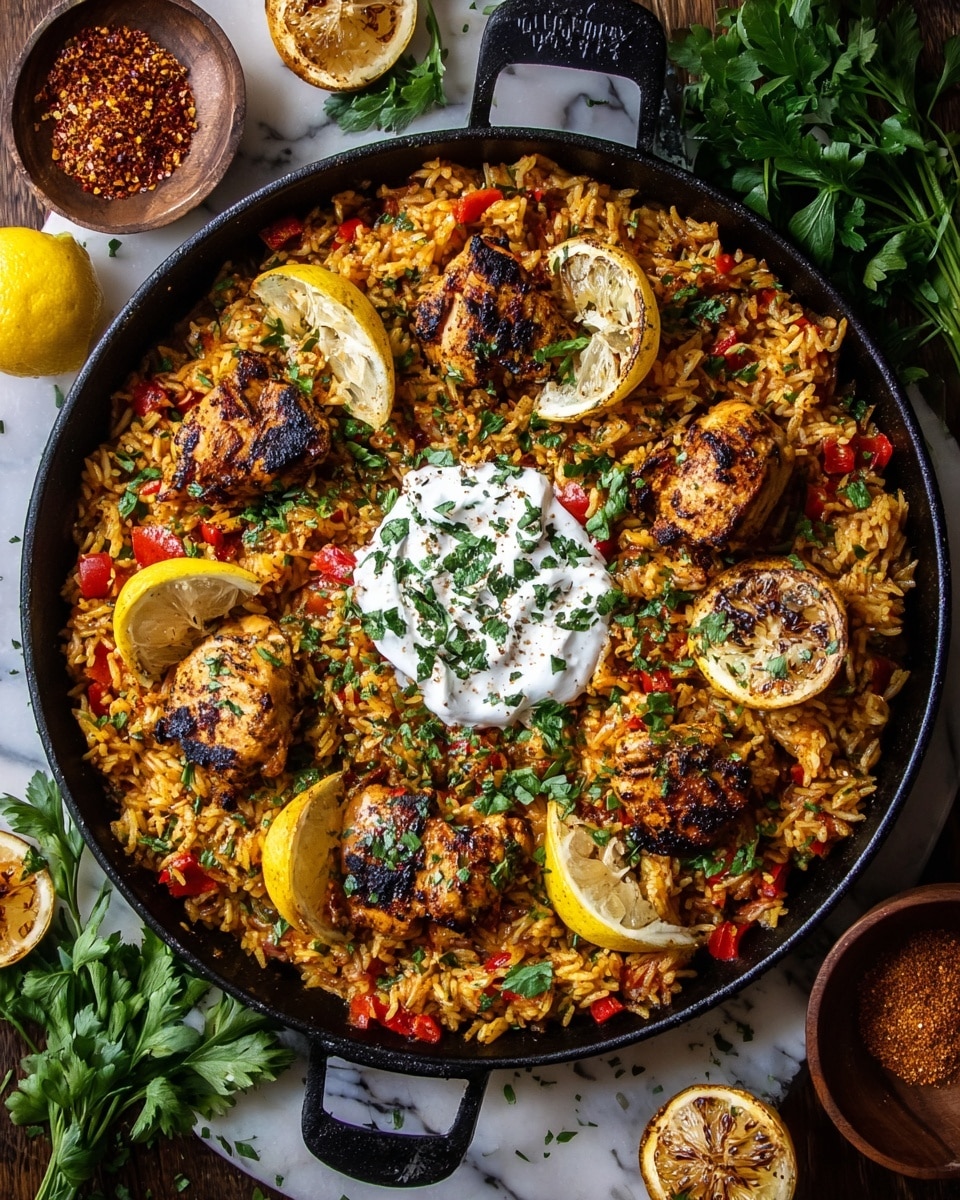 A large black cast iron skillet filled with a single layer of golden brown spiced rice mixed with small pieces of red pepper, topped with evenly spaced chunks of charred grilled chicken in a darker brown color with crispy edges; scattered fresh green chopped herbs cover the entire dish. Around the edge are bright yellow lemon wedges placed on top of the rice. In the center, a dollop of white creamy sauce is sprinkled with green herbs and black pepper. The skillet is placed on a wooden surface with fresh green herbs and yellow lemons around it. Photo taken with an iphone --ar 4:5 --v 7