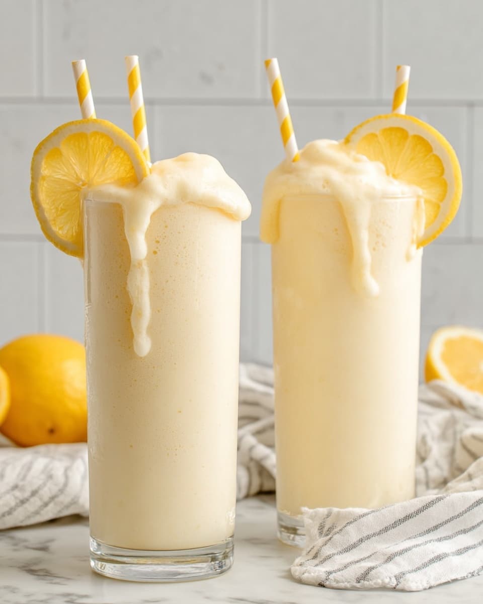 Two tall transparent glasses filled with creamy pale yellow smoothies that overflow slightly, with thick foam on top spilling down the sides. Each glass has a yellow and white striped straw inserted at the top and a fresh lemon slice placed on the rim. The glasses stand on a white marbled surface with a white cloth with black lines softly folded behind them, and a small lemon partially visible in front. The background shows a blurred white tiled wall. Photo taken with an iphone --ar 4:5 --v 7