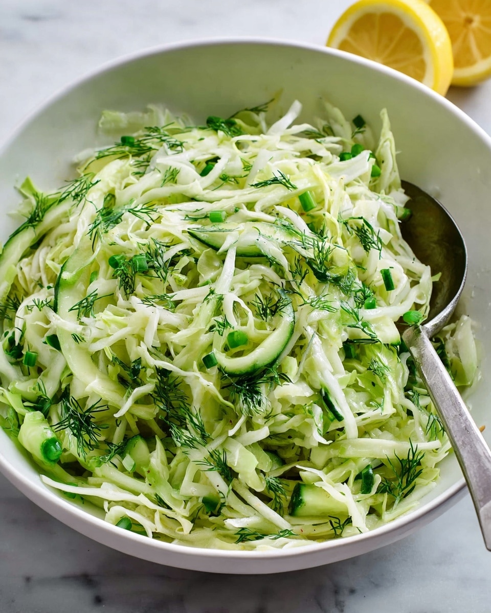 A white bowl filled with a fresh salad composed of three main layers: the base layer is thinly shredded pale green cabbage, mixed throughout with small, bright green cucumber slices, and topped with chopped scallions adding darker green highlights; the textures are crisp and slightly moist, with a metal serving spoon partially immersed on the right side. The bowl sits on a white marbled surface, and there are two yellow lemon halves slightly out of focus in the background. photo taken with an iphone --ar 4:5 --v 7