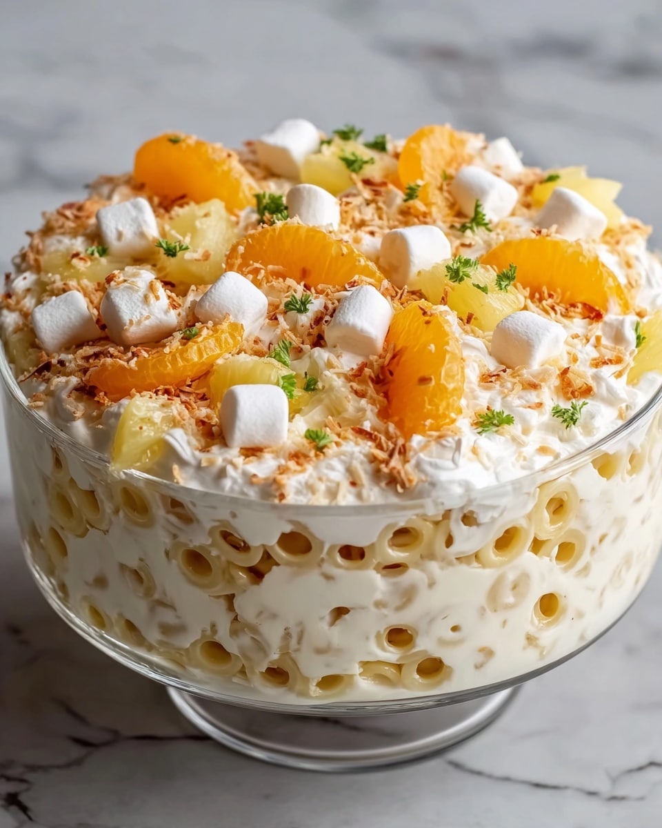 A clear glass bowl filled with a layered creamy pasta salad: the bottom layer is small white macaroni pasta mixed with a thick creamy white sauce, the middle layer contains crunchy light brown chunks, and the top is decorated with bright orange mandarin segments, yellow pineapple pieces, white small marshmallows, toasted shredded coconut in light brown, and small green herb sprigs, all sitting on a white marbled surface. Photo taken with an iphone --ar 4:5 --v 7