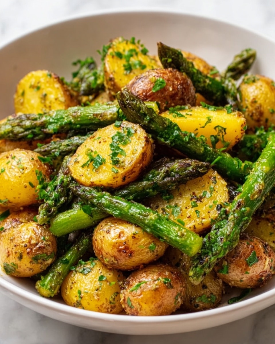 The image shows a white bowl filled with roasted baby potatoes and green asparagus spears. The potatoes are cut into halves, with a crispy golden-brown skin and soft yellow inside. The asparagus is bright green and tender, placed evenly among the potatoes. The dish is sprinkled with chopped fresh herbs, creating small green flecks across the top and the sides of the vegetables. The bowl sits on a white marbled surface, giving a clean and fresh look. photo taken with an iphone --ar 4:5 --v 7
