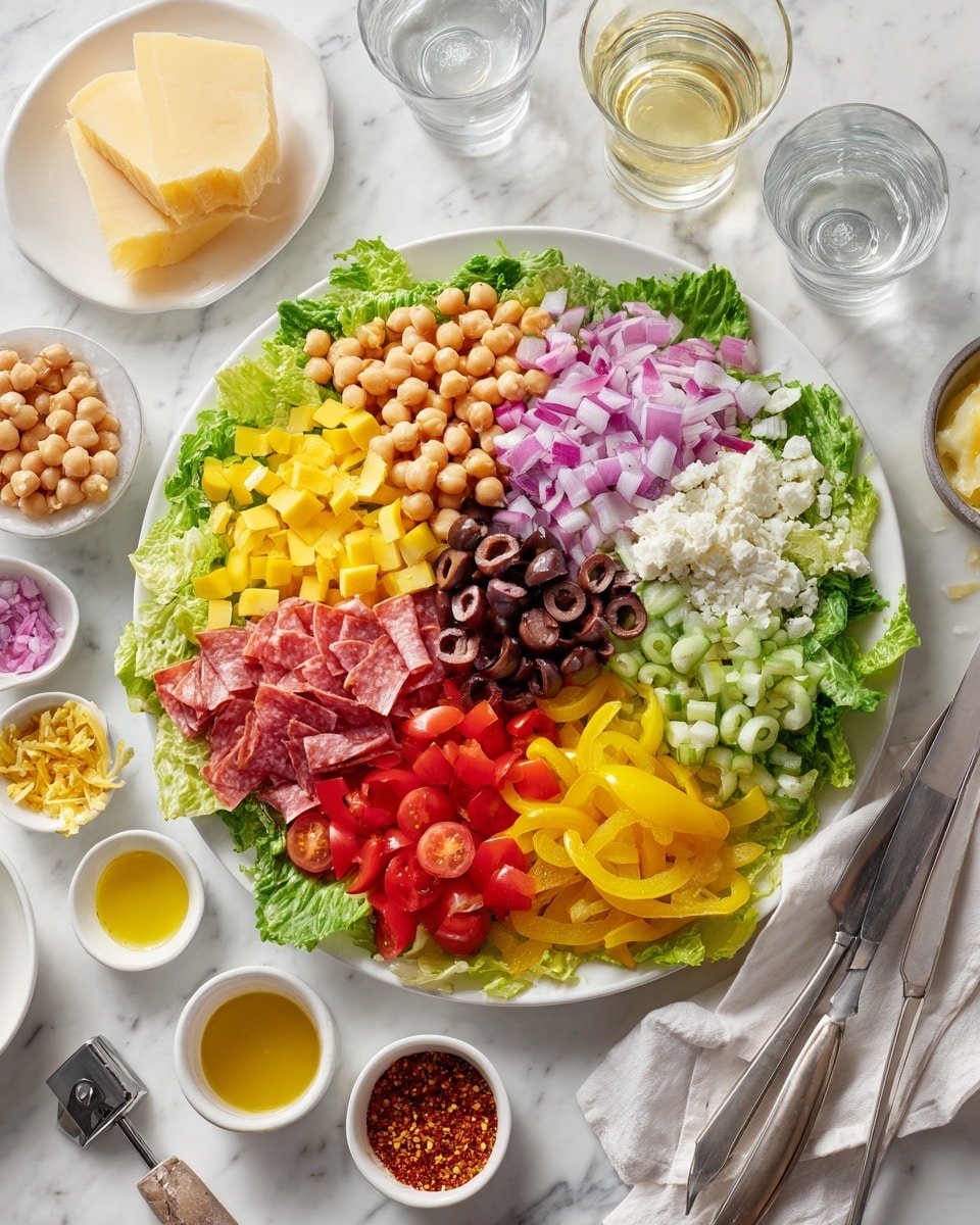 A large white plate with a base layer of leafy green lettuce spread evenly across. On top, there are eight separate layers arranged in sections: bright yellow chopped bell peppers at the top left, round beige chickpeas to the top right, black sliced olives in the middle right, halved red cherry tomatoes below the olives, thin yellow pepper strips below the tomatoes, white cheese cubes at the bottom left, shredded purple radicchio next to the cheese, and thin red meat strips centered between the radicchio and bell peppers. In the center, finely chopped red onions are placed. The plate sits on a white marbled surface, with small bowls of crushed red pepper flakes and yellow dressing near the top, two clear water glasses to the left, and a small plate with shaved cheese and a peeler at the bottom left. photo taken with an iphone --ar 4:5 --v 7