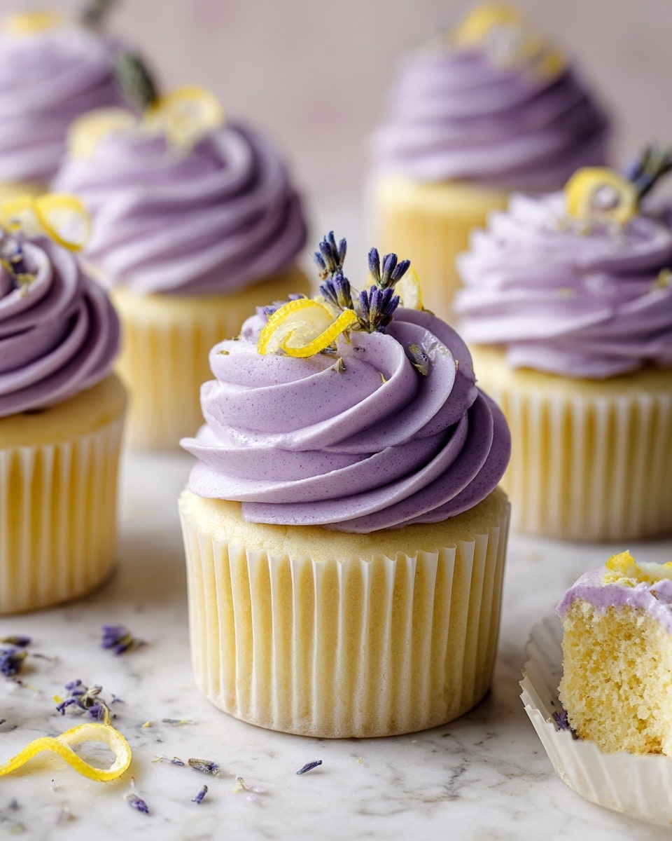 The image shows several lemon lavender cupcakes placed on a white marbled surface. Each cupcake has a light yellow base with a smooth texture and is topped with one thick layer of swirled lavender purple frosting. On top of the frosting, there are delicate lavender sprigs and small curled lemon peel pieces as decoration. One cupcake is shown with a bite taken out, revealing the soft, moist yellow cake inside, while its white cupcake liner is partly removed and rests nearby. The overall look is soft and pastel with a fresh, floral touch. photo taken with an iphone --ar 4:5 --v 7