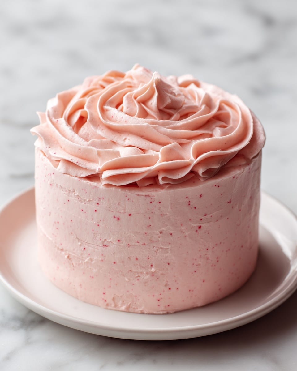 A small round cake covered fully with smooth, thick swirls of light pink frosting showing creamy texture with some tiny darker pink spots inside. The top has a swirl shape with soft peaks and the cake sits on a simple white plate. The background is a white marbled texture. Photo taken with an iphone --ar 4:5 --v 7