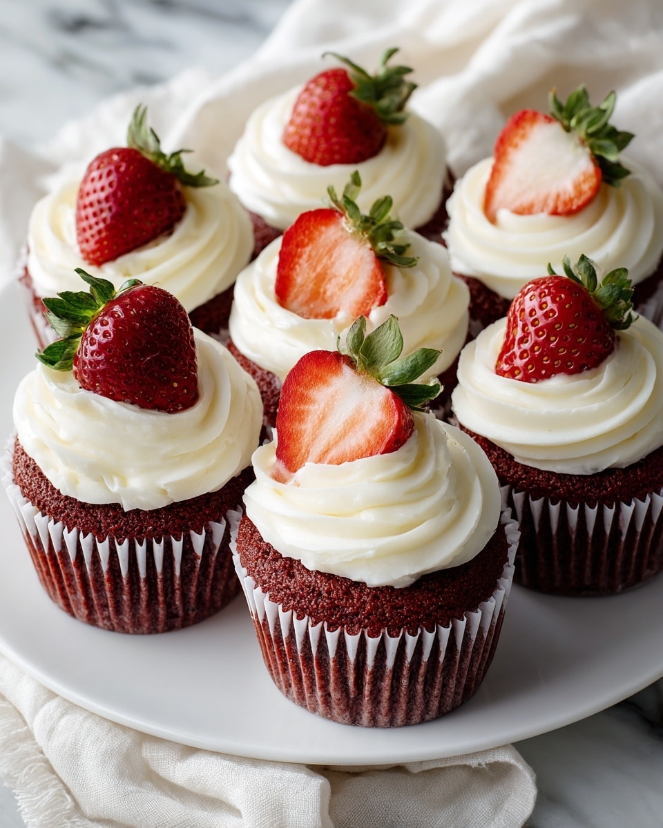 A round white plate on a white marbled surface holds six chocolate cupcakes lined with white paper cups. Each cupcake has one thick layer of smooth, creamy, white frosting swirled on top in a rose shape. On top of each frosting swirl, there is a fresh red strawberry, with three strawberries cut in half showing their inner red and seed details, and three left whole including their green leafy caps. A white cloth is softly draped nearby on the right side. photo taken with an iphone --ar 4:5 --v 7