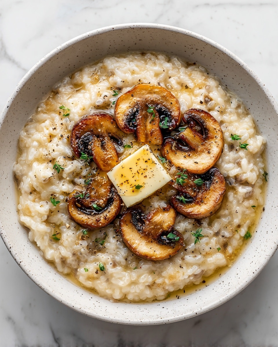A bowl with creamy risotto forms the base layer, showing a soft, smooth texture with a pale beige color. On top, there is a generous amount of sautéed mushroom slices, brown and glistening, arranged evenly over the risotto. A small square of butter, pale yellow and melting slightly, sits centered atop the mushrooms, sprinkled with a bit of black pepper. Light specks of grated cheese and small green parsley leaves are scattered on the mushrooms and risotto, adding contrast. The bowl is white with a speckled gray pattern over a white marbled textured surface. Photo taken with an iphone --ar 4:5 --v 7