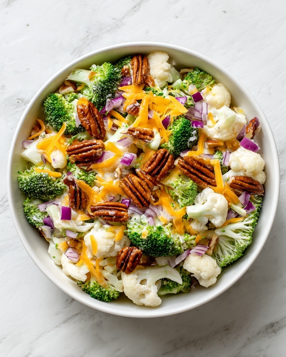 A white bowl filled with a fresh salad made of vibrant green broccoli florets, creamy white cauliflower pieces, and small chunks of red onion scattered throughout. Bright orange shredded cheese is layered on top along with rich brown pecans and bits of crispy, reddish-brown bacon, all mixed with a creamy white dressing that lightly coats the vegetables. The bowl sits on a smooth white marbled surface, showing a colorful mix of textures and colors in a fresh, healthy dish. photo taken with an iphone --ar 4:5 --v 7