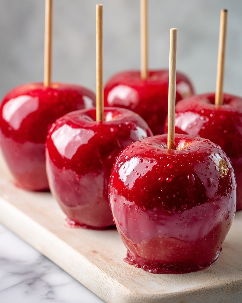 Five shiny bright red candy apples each with a smooth, glossy coating and small bubbles on the surface, arranged in two rows on a light wooden board. Each apple has a light wooden stick inserted in the center top. The background is a white marbled texture. Photo taken with an iphone --ar 4:5 --v 7