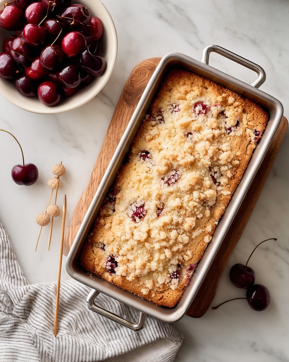 A rectangular baking pan with golden brown crumb topping sits centered on a white marbled surface. The crumb layer is rough and uneven with patches of darker golden color and visible red fruit bits peeking through. The crumb topping looks crunchy and slightly coarse with sugar sprinkles adding texture. To the top left is a white bowl filled with shiny dark red cherries, and beneath it on the left is a white and gray striped cloth. Two wooden board edges are visible on the top right and bottom right corners. Two small wooden sticks with tiny balls on the end, one red and one white, lie beside the pan on the right. Photo taken with an iphone --ar 4:5 --v 7