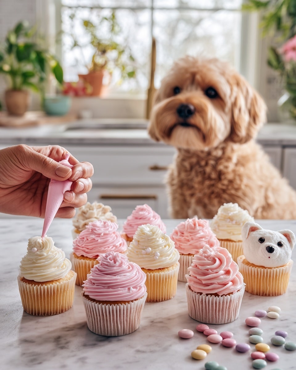 A group of cupcakes arranged on a white marbled surface, each with two layers of frosting: the bottom layer is smooth and creamy pale yellow, and the top layer is swirled pink, adding texture and height in a spiral pattern. Some cupcakes have an extra white ghost-shaped layer with two small dark round eyes on top. The cupcakes are evenly spaced with scattered colorful round candy pieces around them in pastel colors like pink, yellow, blue, and purple. A woman's hand is seen holding a piping bag with white frosting, applying the pink swirl on one cupcake. In the background, there is a fluffy light brown dog with a happy expression sitting upright with its front paws on the table, watching the decorating. Photo taken with an iphone --ar 4:5 --v 7