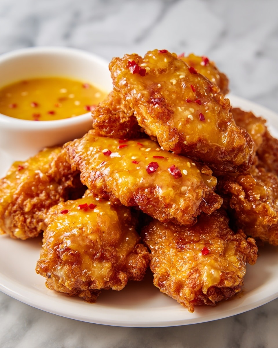 The image shows a close-up of several crispy fried chicken wings coated with a thick, glossy golden-yellow sauce that glistens with hints of spices. The wings have a crunchy texture with some browned edges peeking through the smooth sauce layer. In the background, there is a small white bowl filled with more of the same mustard-colored sauce, sitting on a white marbled surface. photo taken with an iphone --ar 4:5 --v 7