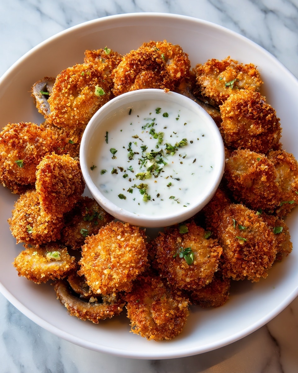 The image shows a white round plate filled with crispy, golden-brown fried mushrooms. The mushrooms have a rough, crunchy texture with some darker spots where they are well fried. In the middle of the plate, there is a small white round bowl filled with creamy white sauce, topped with small green chives. The mushrooms are stacked around the bowl, covering the plate completely. The background is a white marbled texture. photo taken with an iphone --ar 4:5 --v 7