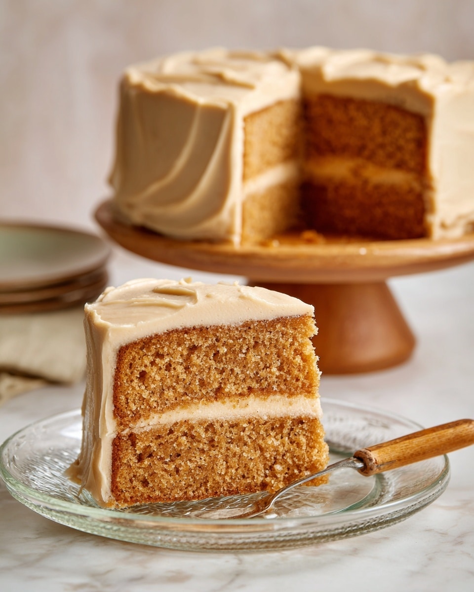 A thick slice of two-layer chocolate cake sits on a clear glass plate with a textured edge, the layers separated by a thick cream-colored frosting that also covers the whole slice, smooth but with soft swirls. The chocolate cake looks moist and dark brown, contrasting with the light tan frosting. Behind the plate is a white cake stand holding the rest of the cake, fully covered with the same creamy frosting, appearing soft and fluffy. The scene is set on a surface with a white marbled texture, adding a clean and bright background to the rich colors of the cake photo taken with an iphone --ar 4:5 --v 7