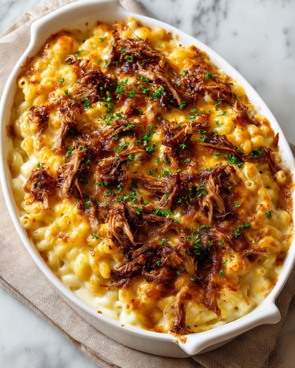 A white oval baking dish filled with a layered baked macaroni and cheese topped with shredded pulled pork. The bottom layer is creamy, smooth cheese sauce covering tender elbow macaroni in a pale yellow color. On top of this is a thick layer of melted, bubbly cheddar cheese that is golden brown with some crispy edges. Scattered over the cheese are generous clusters of dark, caramelized pulled pork, adding rich texture and deep brown tones. The dish sits on a beige cloth over a white marbled surface. Photo taken with an iphone --ar 4:5 --v 7
