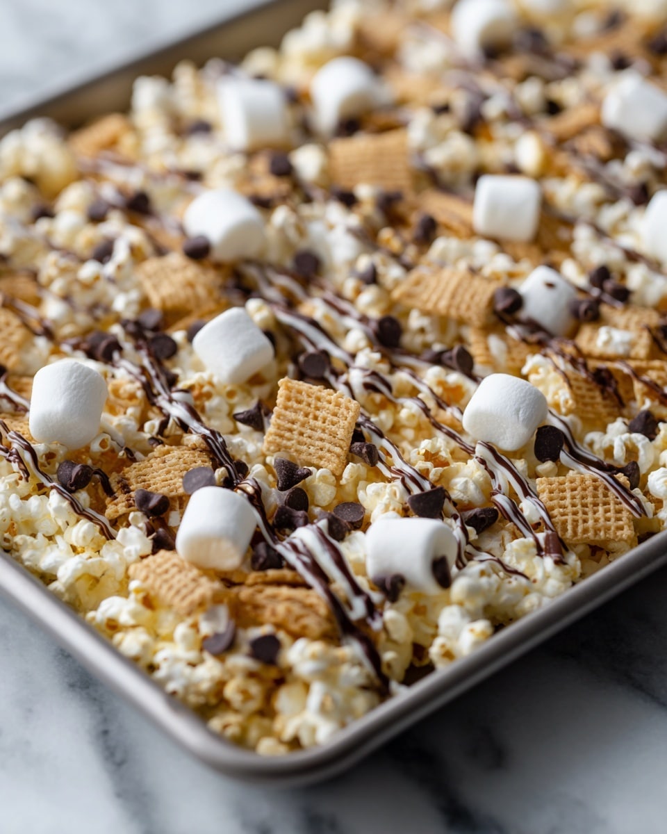 A close-up of a snack mix spread out on a baking tray on a white marbled surface, featuring several layers and textures; the base layer is fluffy yellow popcorn scattered evenly, mixed with small, light brown square cereal pieces. On top of this, there are small white marshmallows and mini dark chocolate chips sprinkled throughout. The entire mix is drizzled with smooth white chocolate, creating a creamy texture, and further decorated with thin streams of dark chocolate. The scene is bright and clear, highlighting the contrast between the pale popcorn, white marshmallows, and dark chocolate accents. photo taken with an iphone --ar 4:5 --v 7