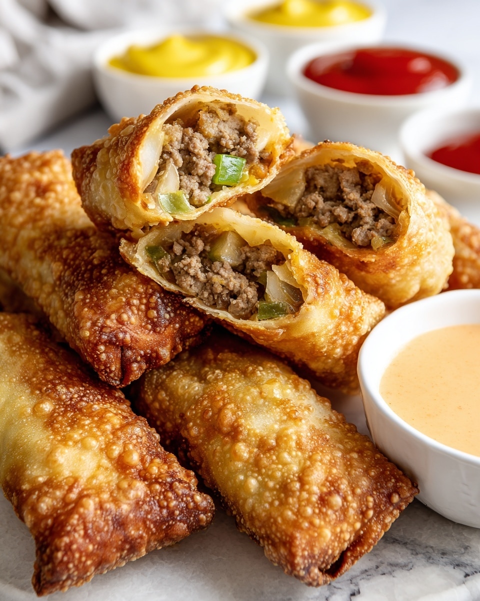 The image shows a close-up of 5 golden brown fried egg rolls stacked on a white marbled surface, with one egg roll cut in half to reveal a filling of minced meat, chopped green peppers, onions, and melted cheddar cheese inside a crispy, bubbled wrapper. In the foreground, there is a white bowl filled with creamy, light orange dipping sauce, while the background displays two small white containers, one with red ketchup and the other with yellow mustard, alongside crinkled pickle slices partially visible behind the egg rolls. photo taken with an iphone --ar 4:5 --v 7
