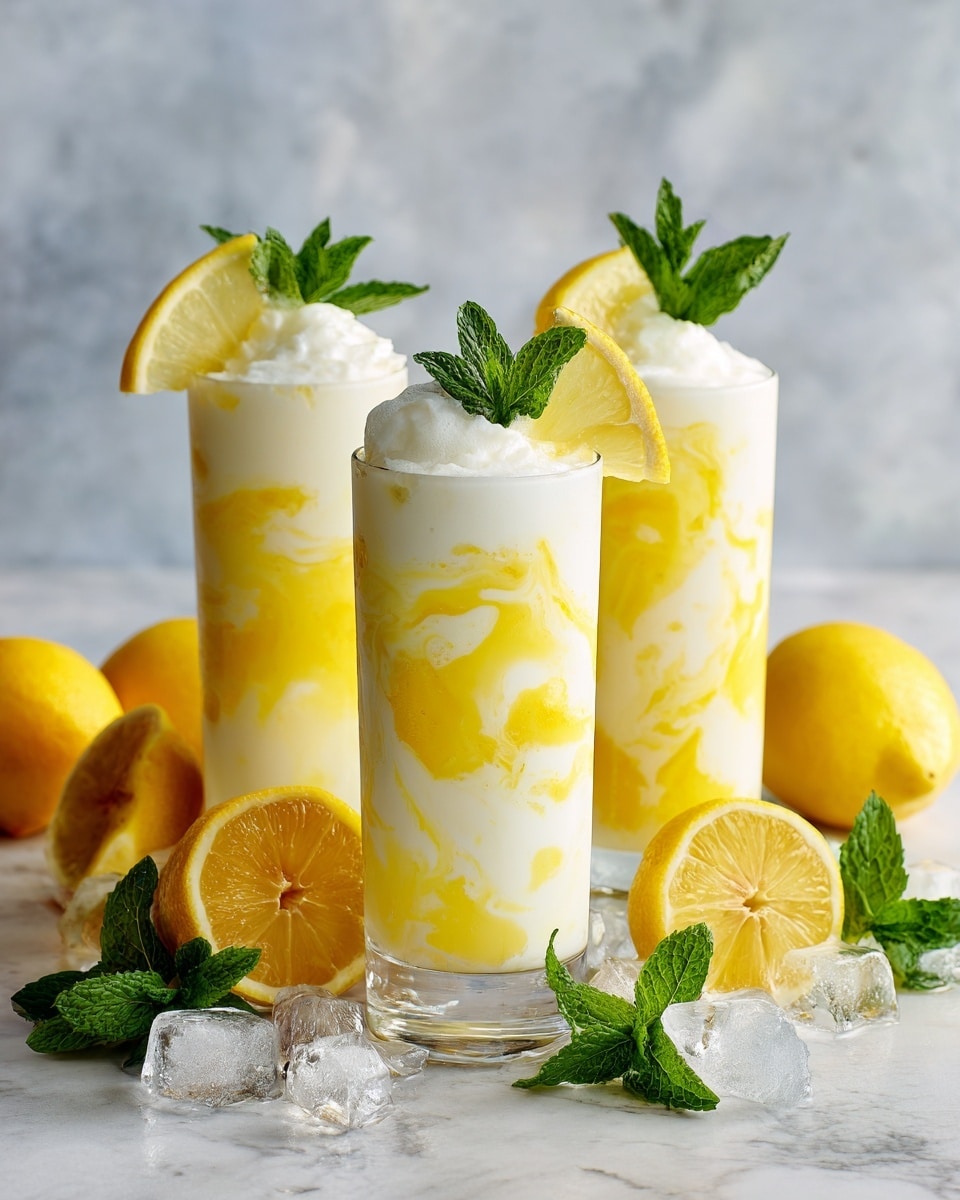Three tall clear glasses are filled with a creamy white drink swirled with bright yellow layers, creating a marbled pattern inside. Each glass is topped with white foam and some small ice cubes visible near the top. A fresh green mint sprig and a thin lemon slice are placed on the rim of each glass. Around the glasses, there are several whole and halved bright yellow lemons, along with some loose mint leaves and a few clear ice cubes set on a white marbled surface, adding freshness to the scene. photo taken with an iphone --ar 4:5 --v 7