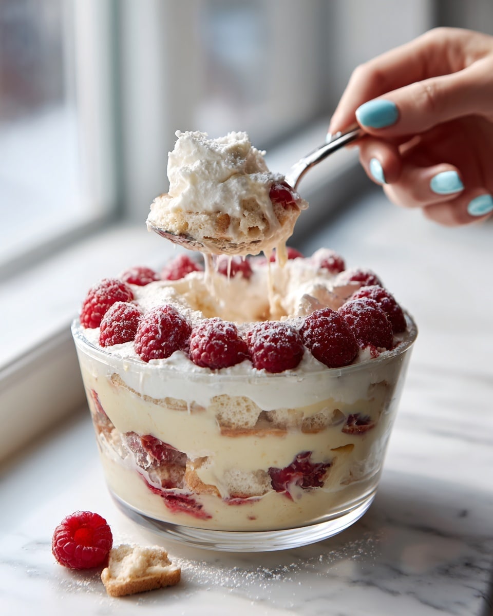 A clear glass bowl filled with a layered dessert sits on a white marbled surface near a window. The dessert has three visible layers: the bottom layer is made up of a row of fresh red raspberries, the middle layer is creamy and pale yellow with bits of raspberries and biscuit pieces inside, and the top layer is thick white cream decorated with a neat ring of whole red raspberries dusted with powdered sugar. Some creamy white topping drips down with streaks of bright raspberry sauce. A woman's hand with light blue nail polish holds a spoon scooping out a portion, revealing the dessert's soft and creamy texture and the scattered biscuit layers inside. The piece that has been removed leaves a hollow in the middle and a single raspberry with cream and biscuit rests on the marbled surface. Photo taken with an iphone --ar 4:5 --v 7